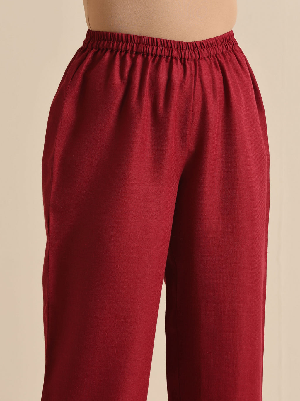 trueBrowns Maroon Slub Gathered Kurta Pant Set