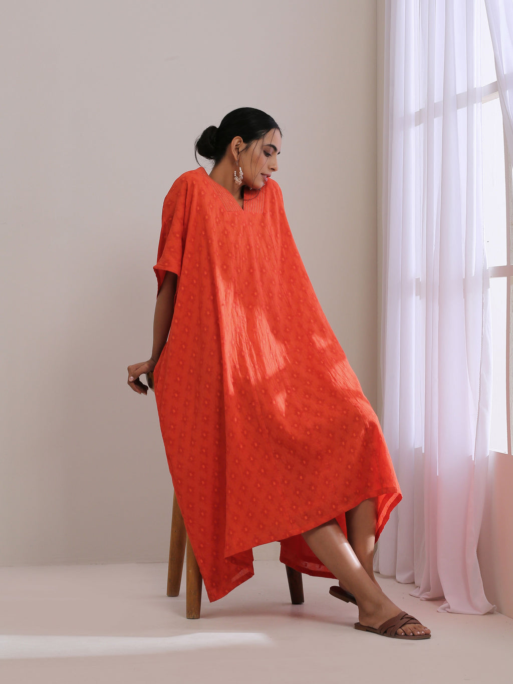 trueBrowns Orange Dobby Panel Kaftan Dress