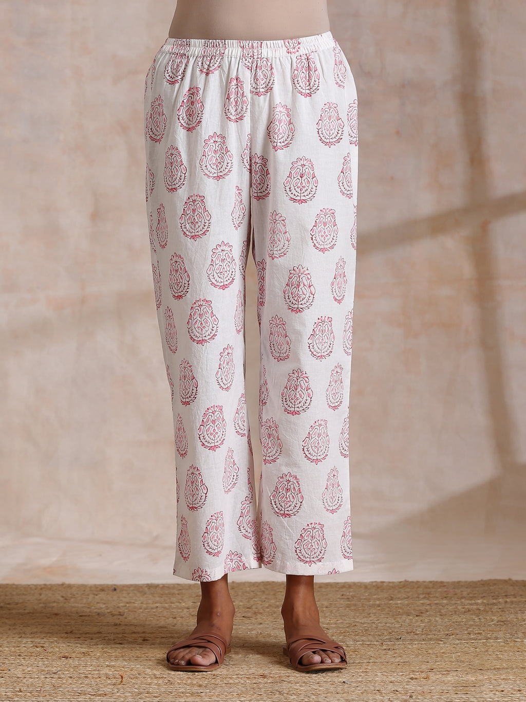trueBrowns Pink Big Buta On White Print Cotton Panel Kaftan Kurta Pant Set
