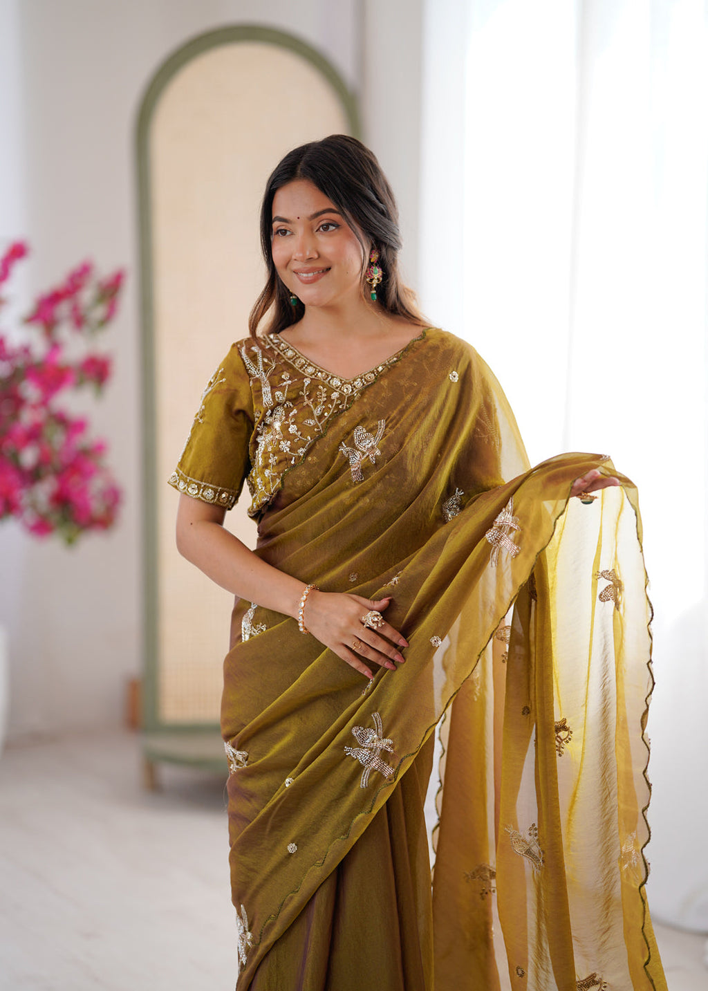 Evanik Mehendi Mos Silk With Handwork Butterfly Design Saree With Unstitched Blouse
