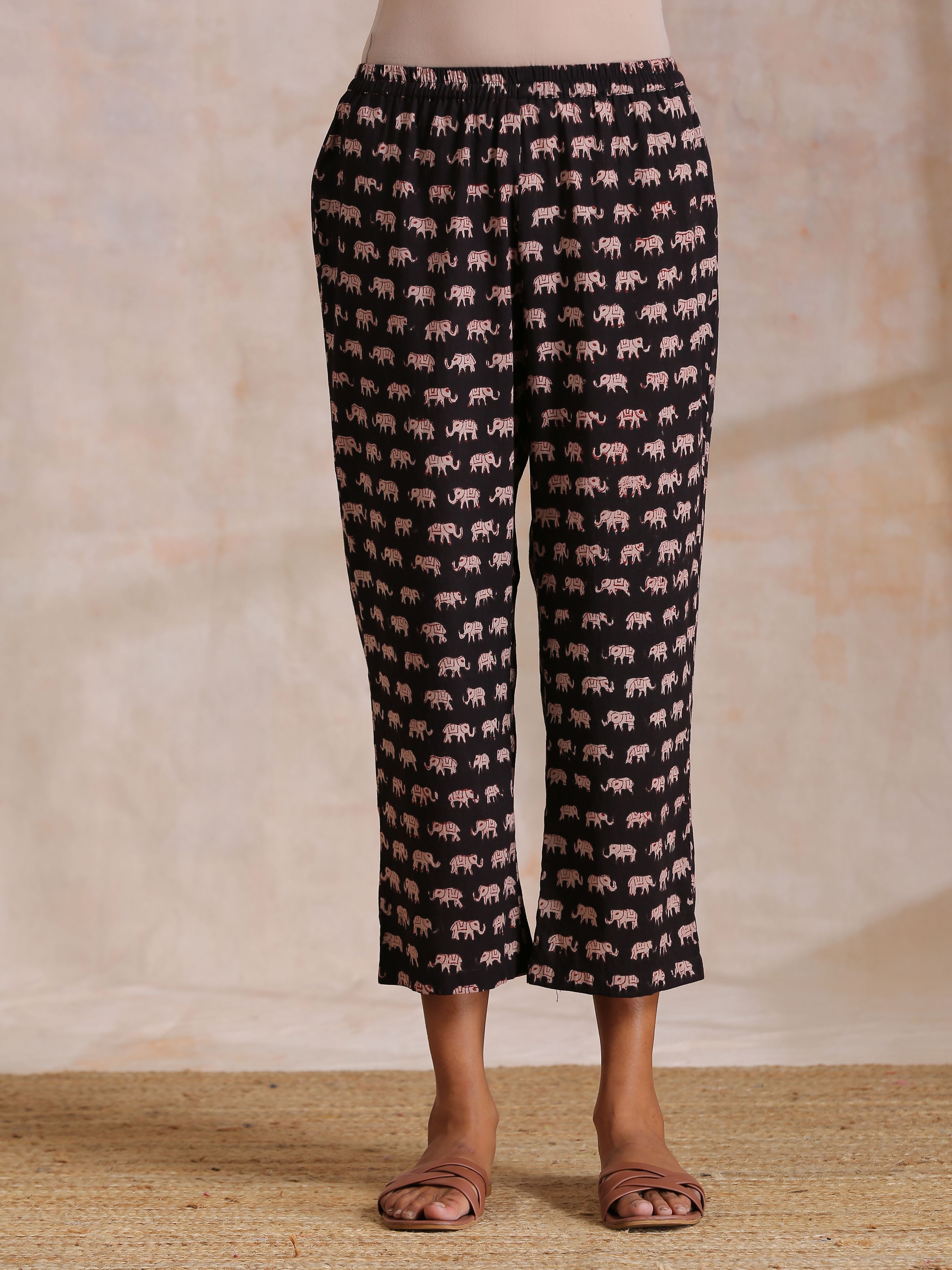 trueBrowns Black Elephant Bagru Print Cotton Kaftan Co-Ord Set