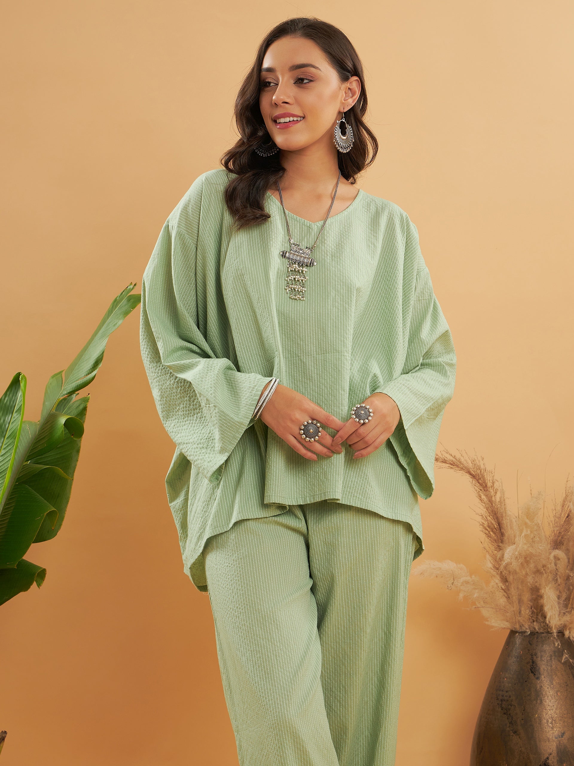 InWeave Women's Sage Green Kantha Boho Full Sleeve Coord Set