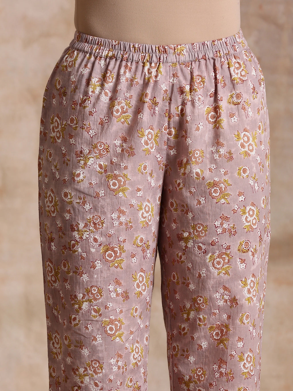 trueBrowns Grey Overall Floral Block Print Cotton Flared Slit Kurta Pant Set | Relove