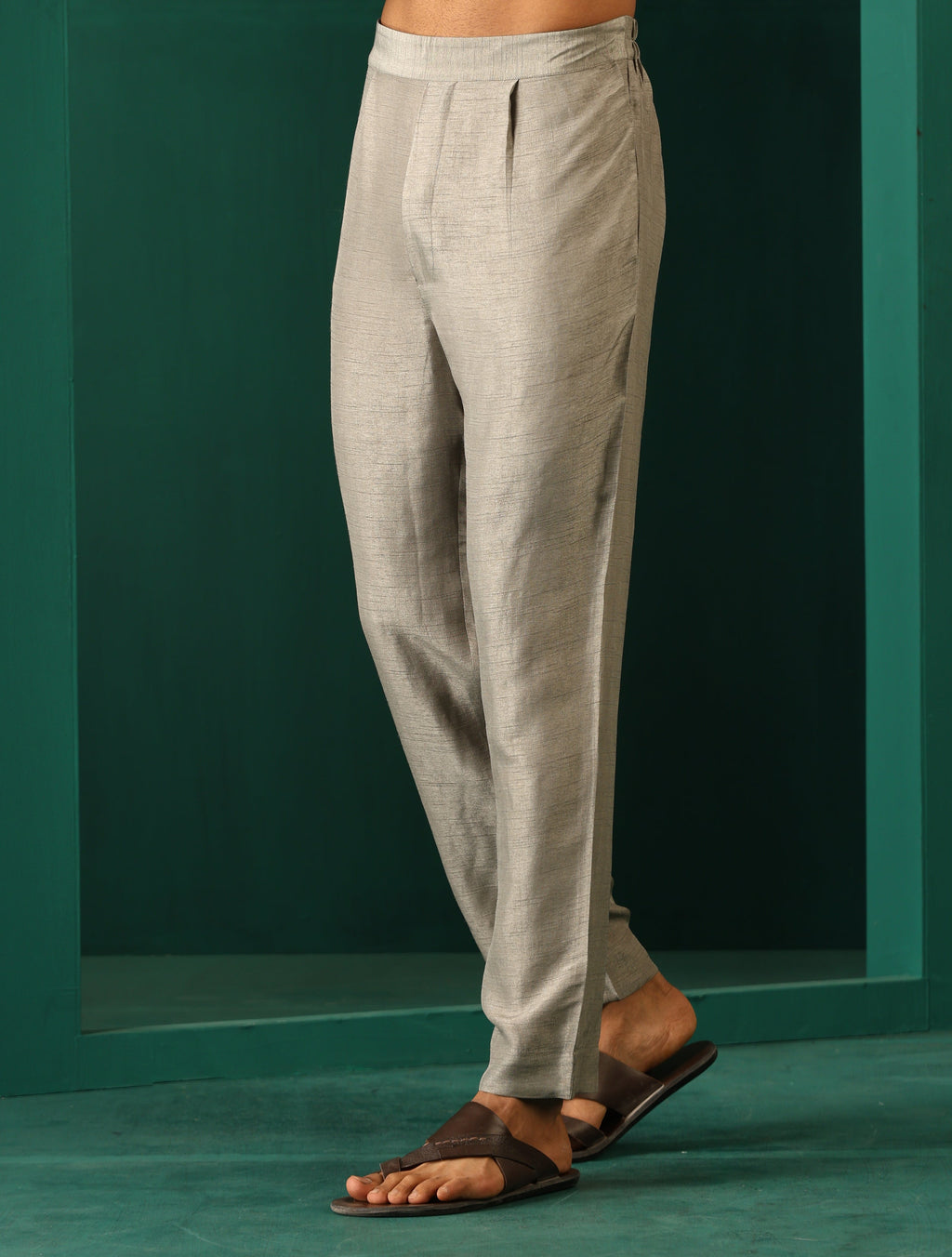 trueBrowns Men's Grey Silk Co-ord Set Yoke Detail