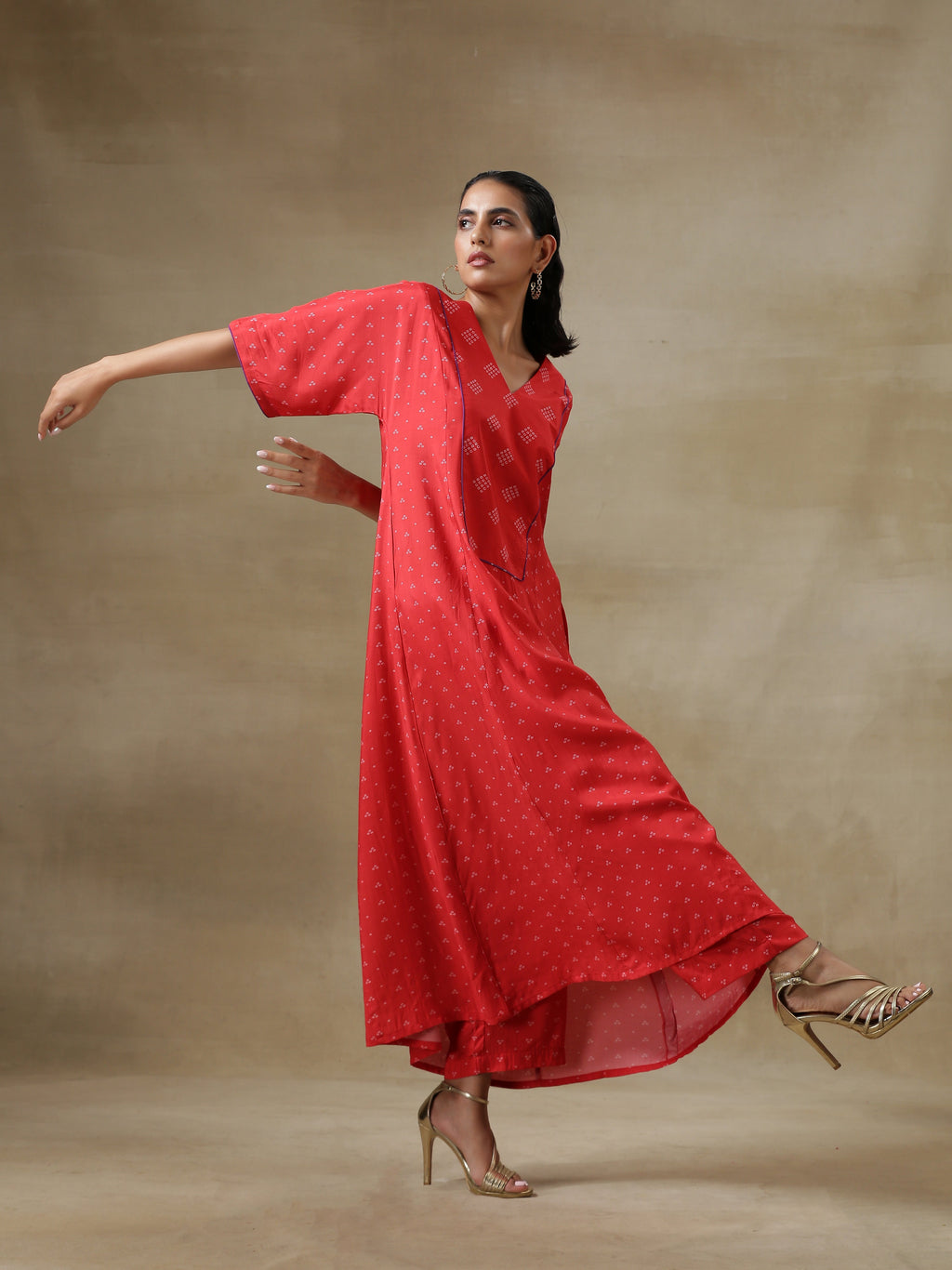 trueBrowns Red Bandhani Printed Silk Long Kurta Pant Set