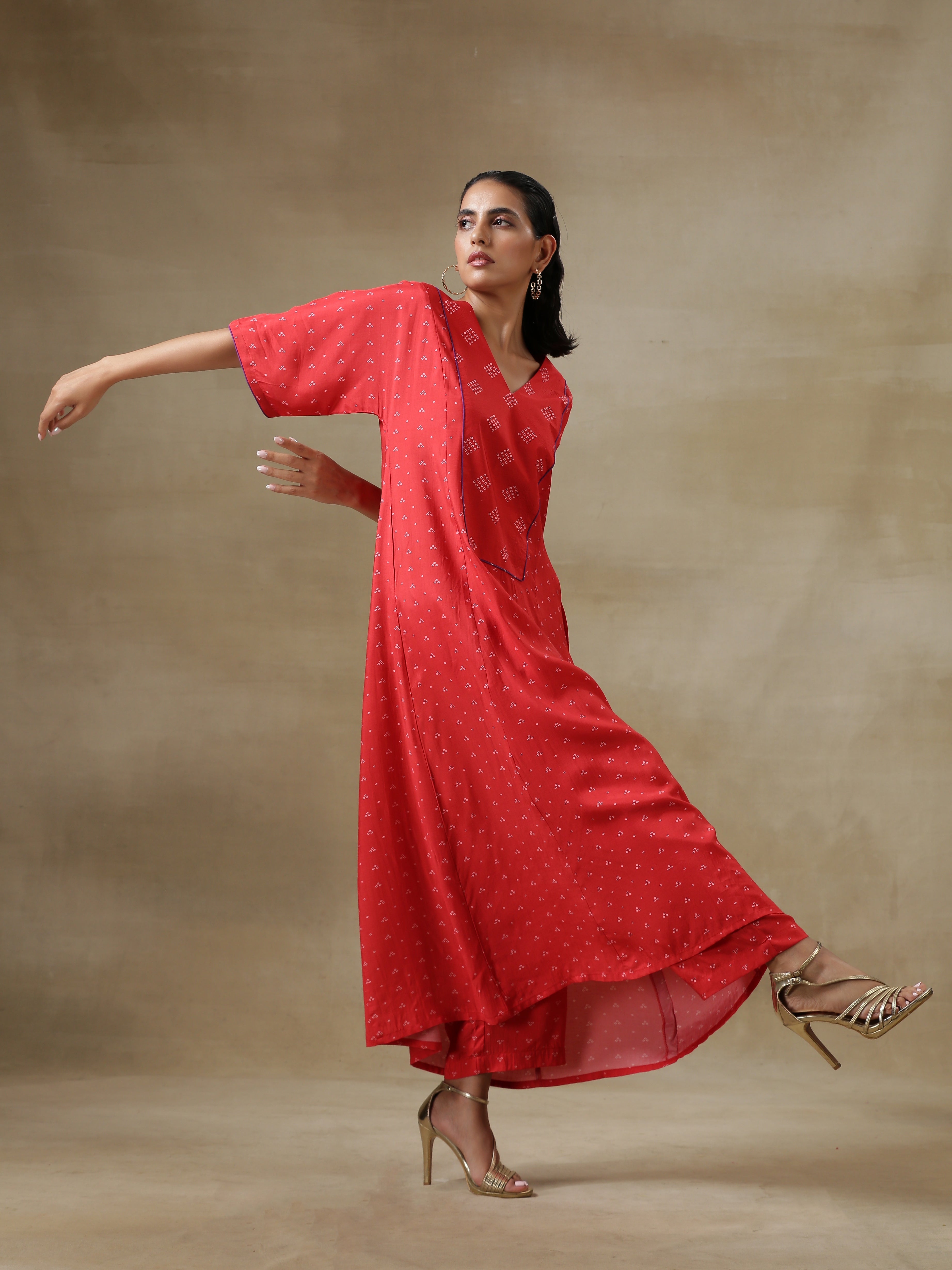 trueBrowns Red Bandhani Printed Silk Long Kurta Pant Set