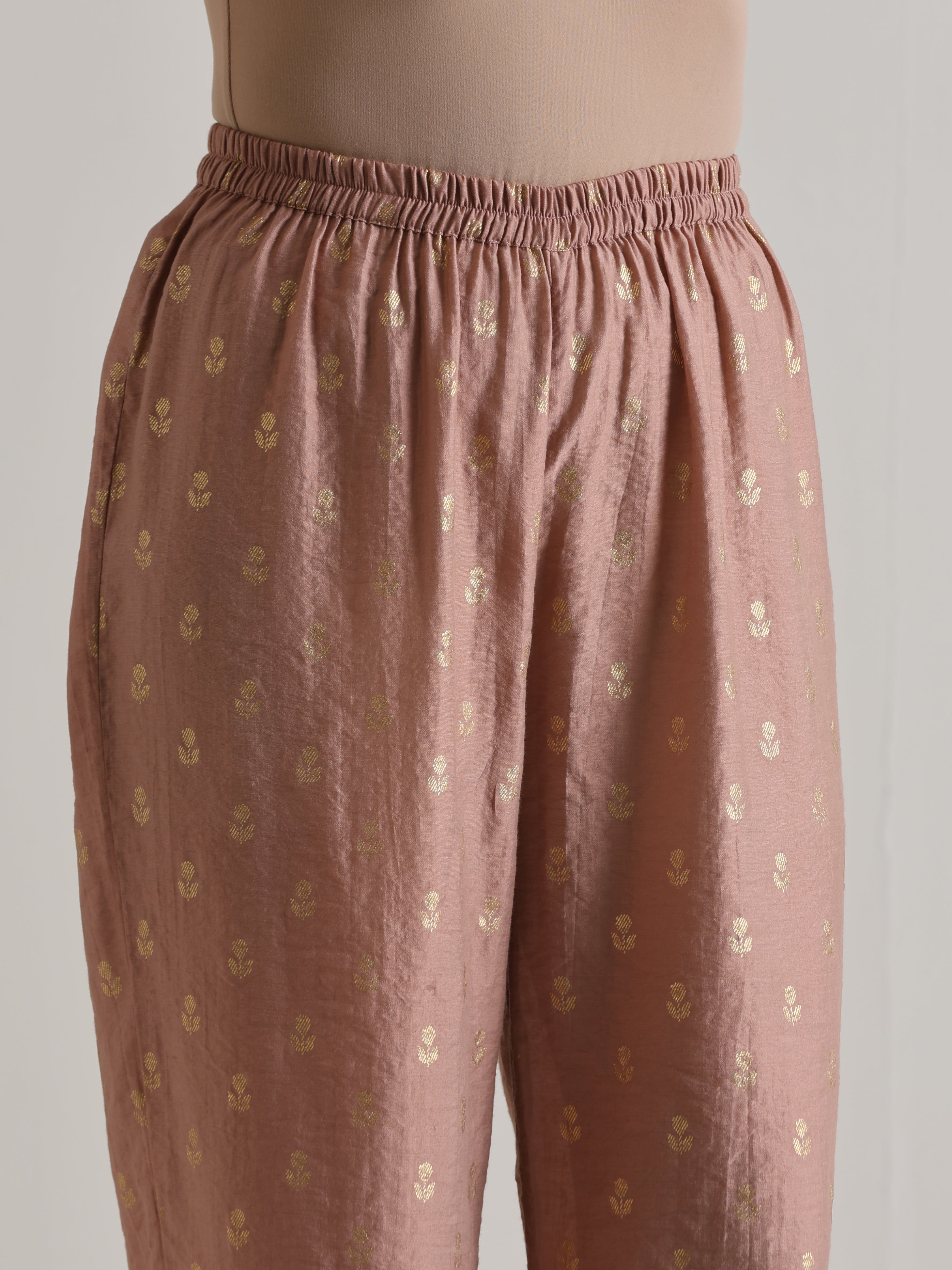 trueBrowns Beige Foil Puff Sleeve Kurta Set