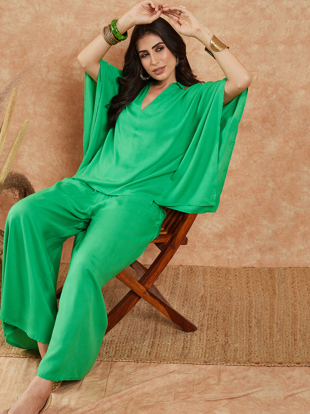 InWeave Women's Parrot Green Solid Collar Neck Boho Top Bottom Set