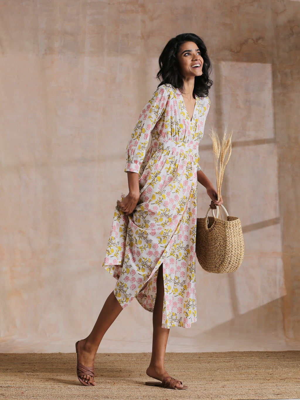 trueBrowns Pink Yellow Floral On White Block Print Cotton Wrap Dress