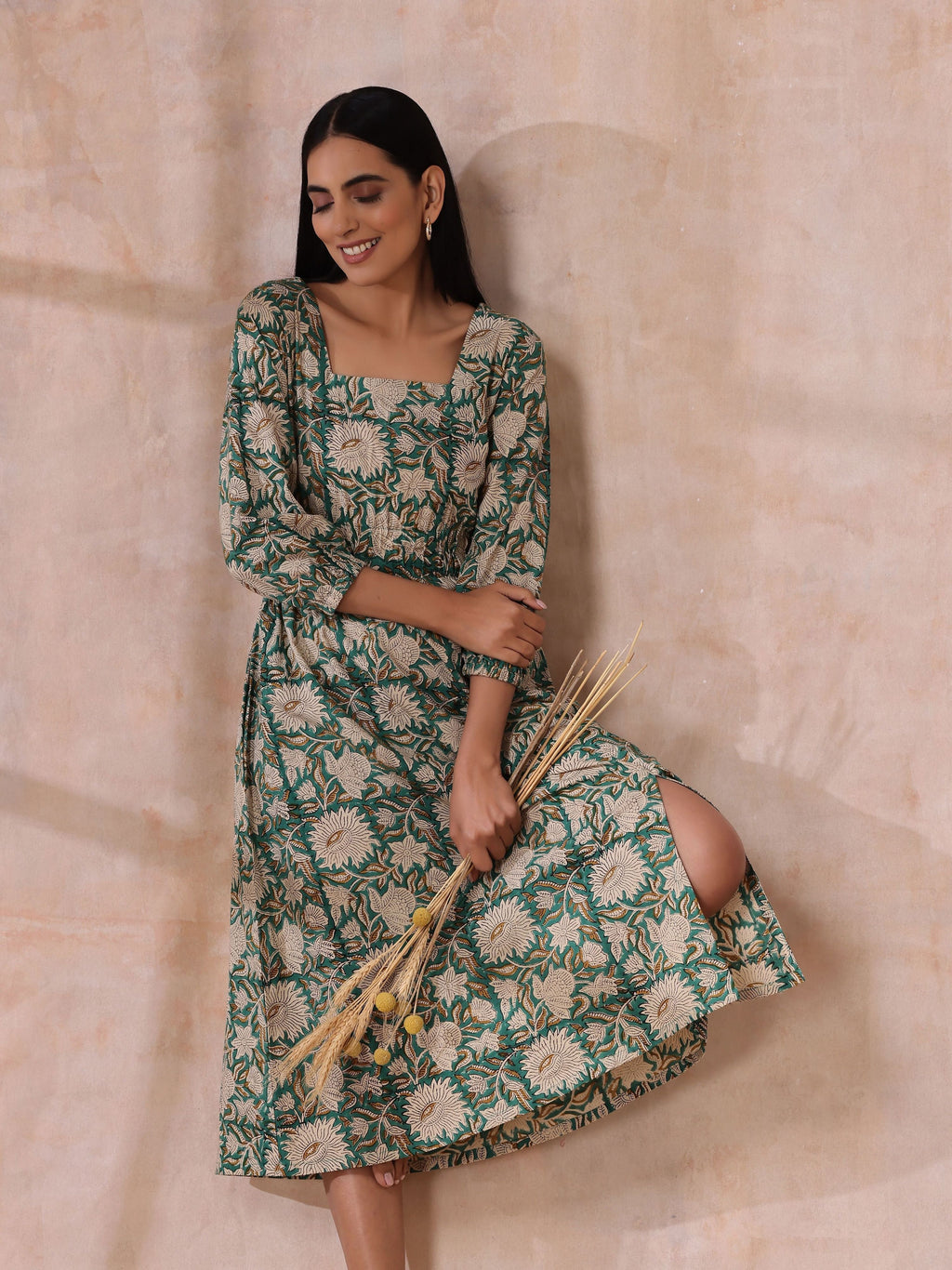 trueBrowns Fern Green Overall Floral Block Print Cotton Square Neck Dress