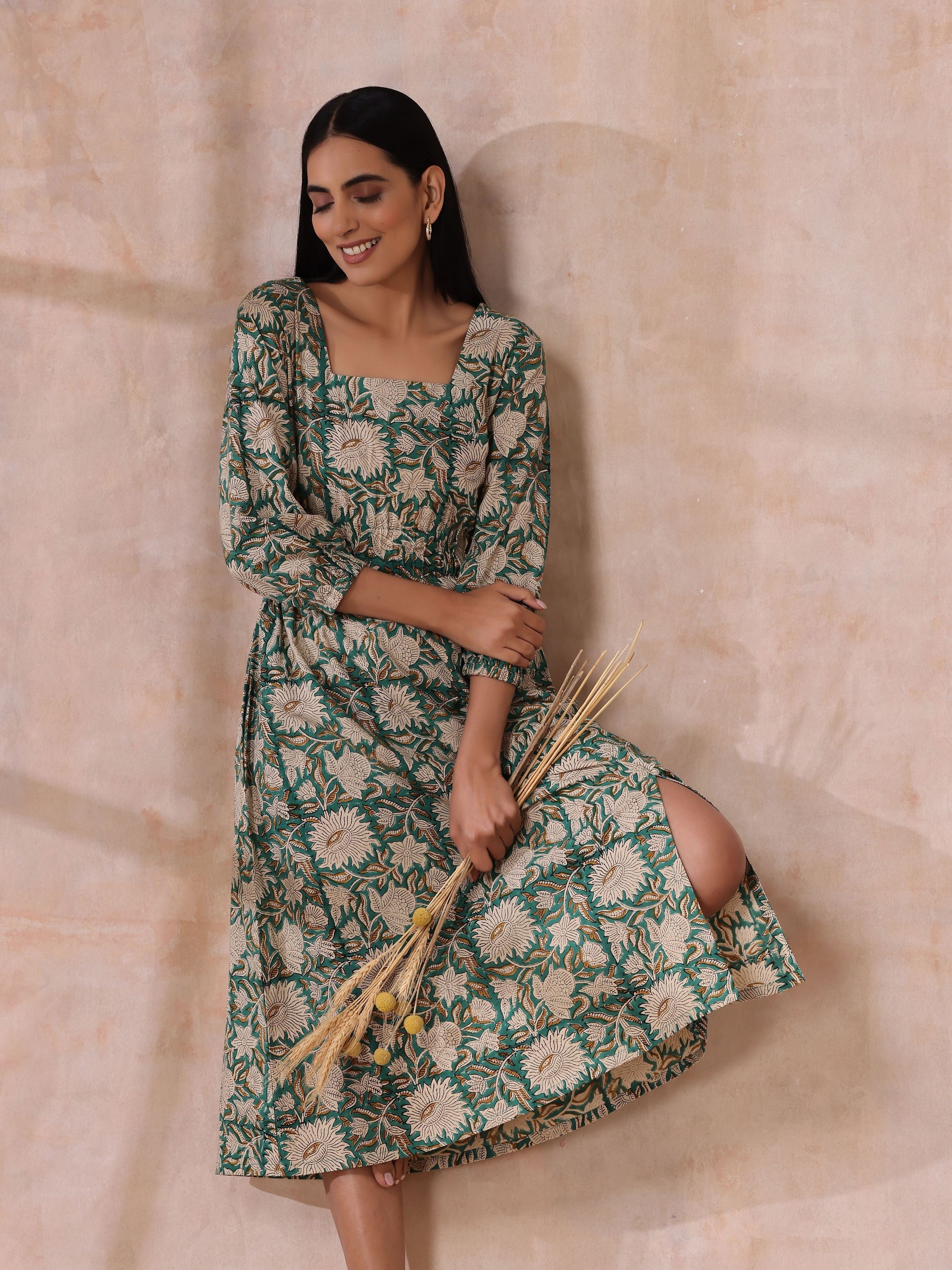 trueBrowns Fern Green Overall Floral Block Print Cotton Square Neck Dress
