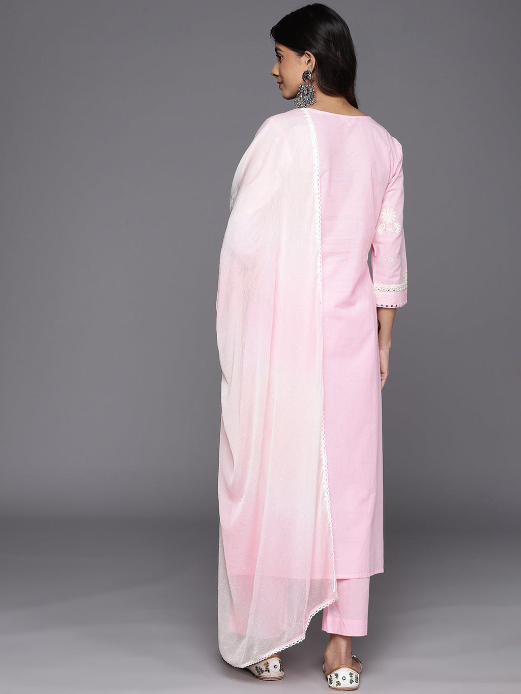 KSUT (House of Varanga) Pink Thread And Mirror Embroidered Kurta Paired With Straight Trouser And Chiffon Dupatta