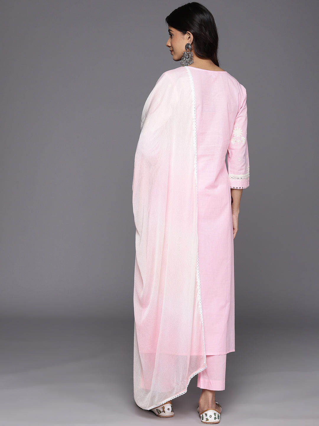 KSUT (House of Varanga) Pink Thread And Mirror Embroidered Kurta Paired With Straight Trouser And Chiffon Dupatta