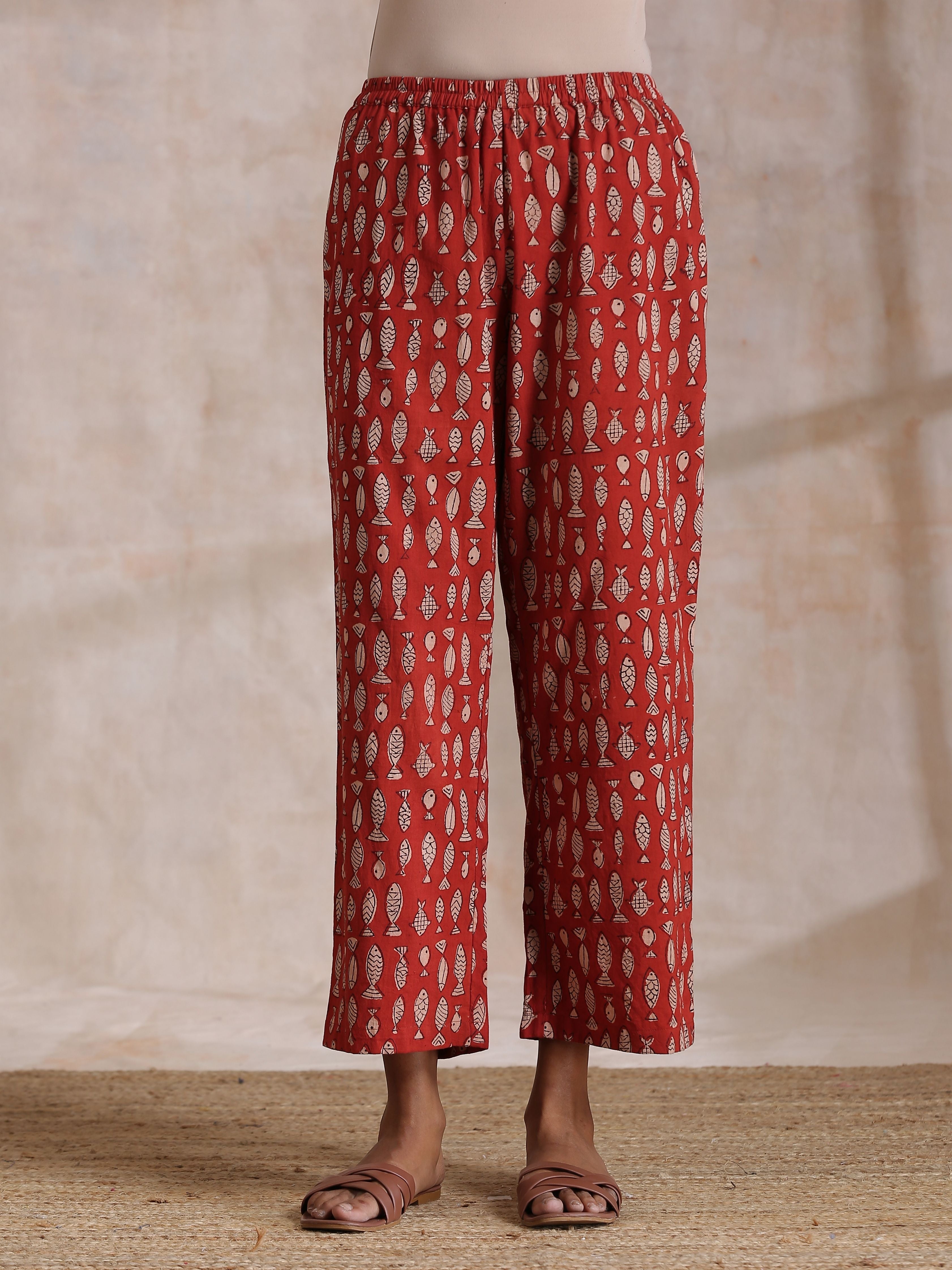 trueBrowns Rust Red Bagru Fish Print Cotton Gathers Co-Ord Set