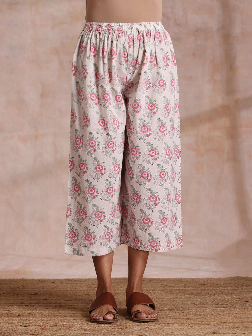 trueBrowns Pink Green Buta On White Block Print Cotton High-Low Co-Ord Set