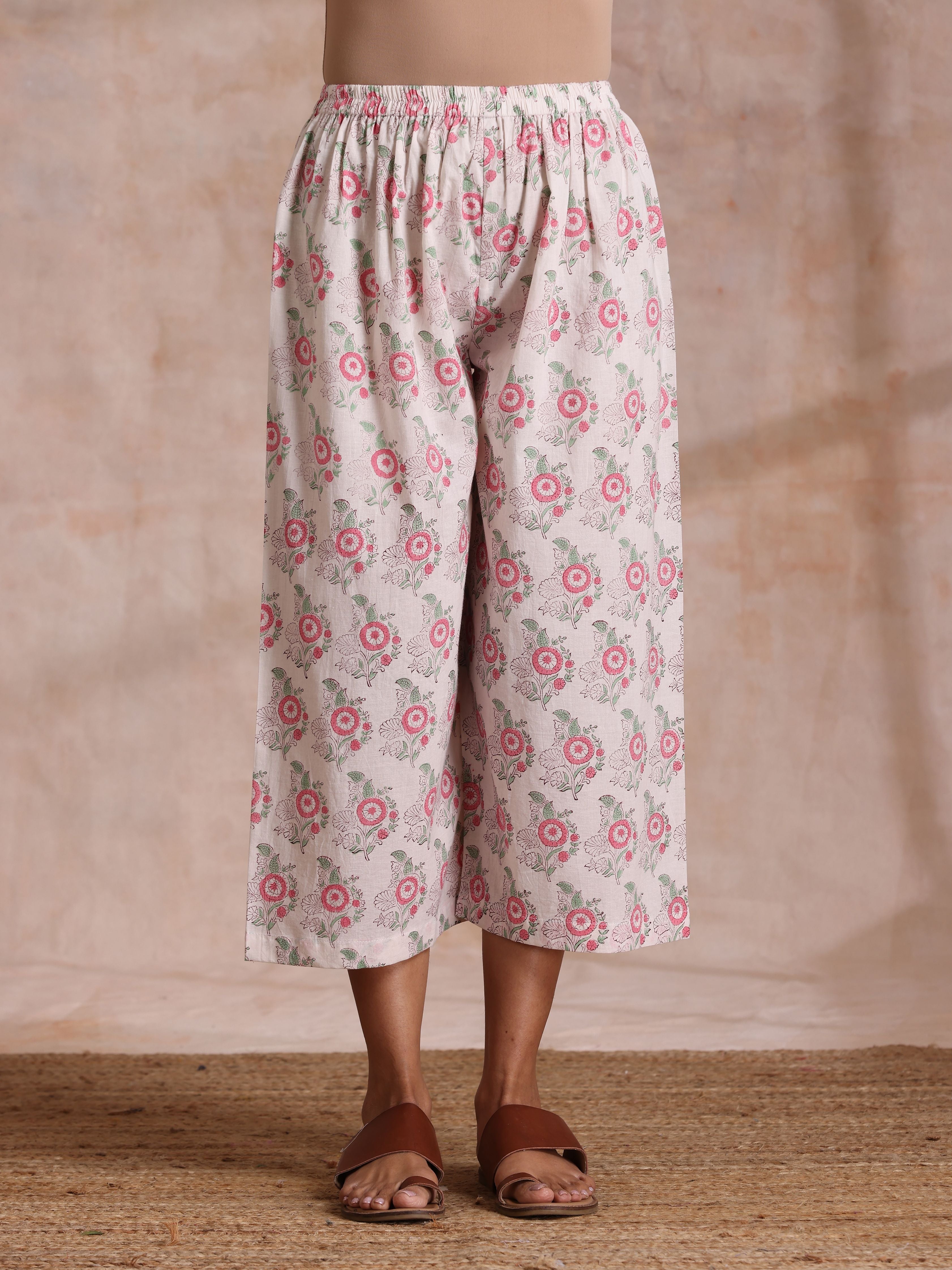 trueBrowns Pink Green Buta On White Block Print Cotton High-Low Co-Ord Set