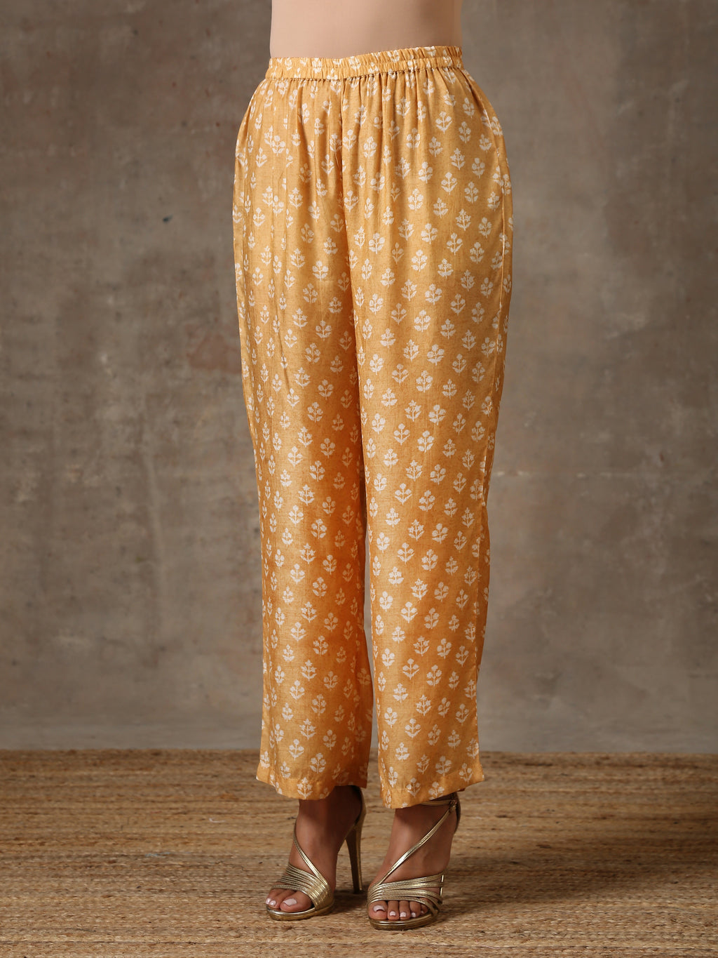 trueBrowns Beige White Flared Printed Silk Kurta Pant Set