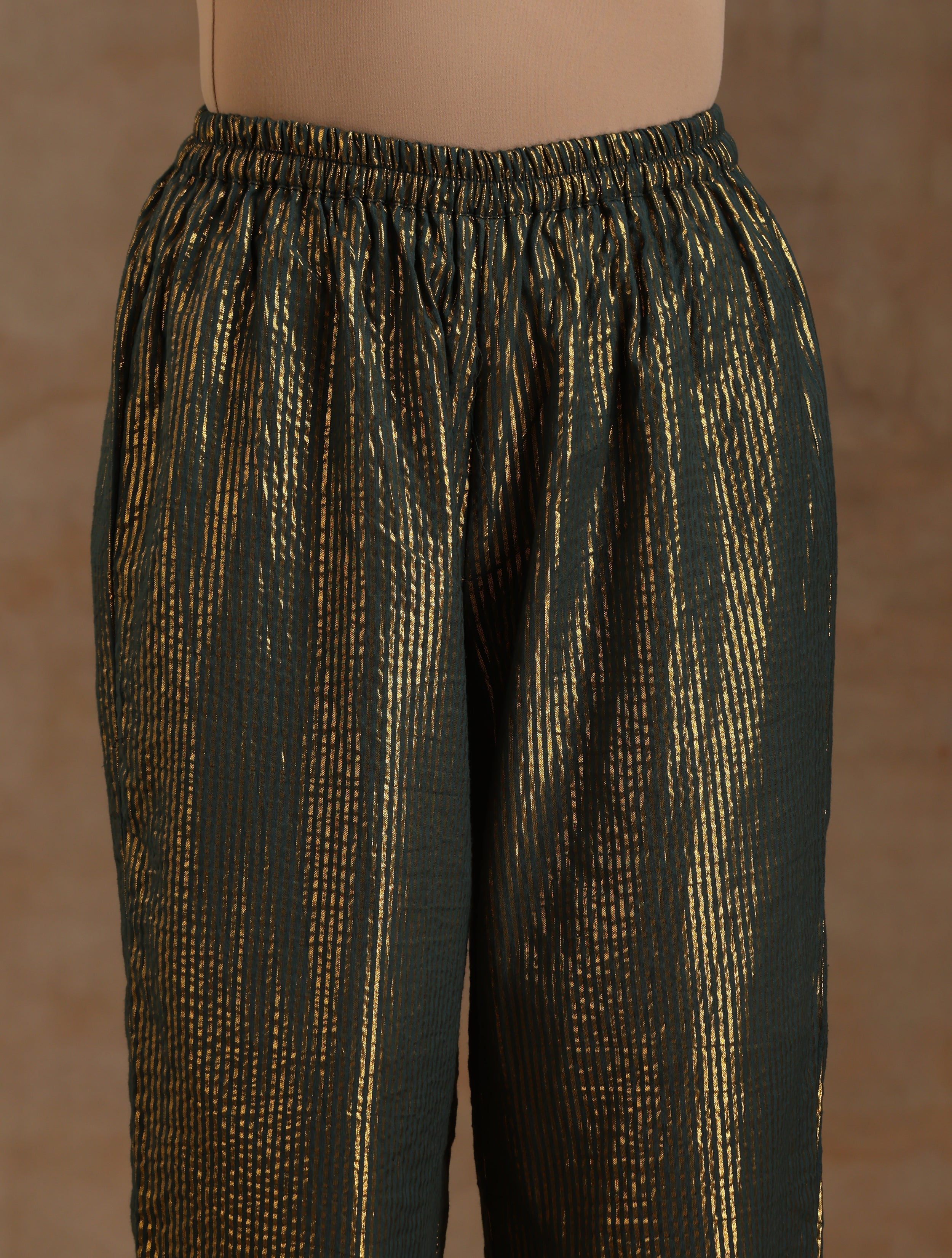 trueBrowns Dark Green Gold Cotton Side Gather Co-Ord Set
