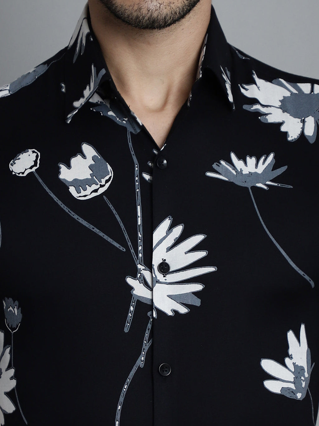 Jainish Men's Floral Printed Formal Shirts - Black