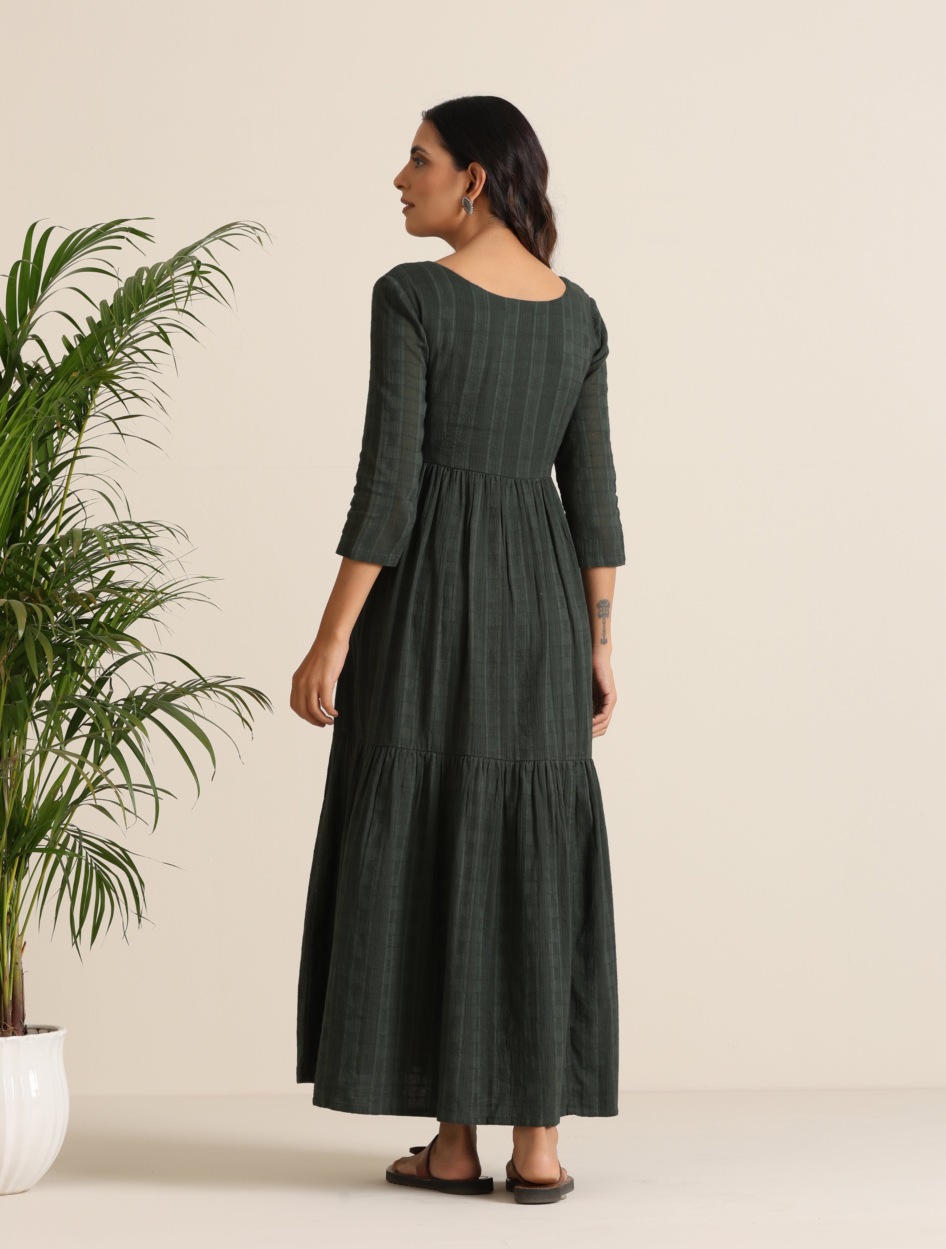 trueBrowns Charcoal Cotton Dobby Tiered Dress