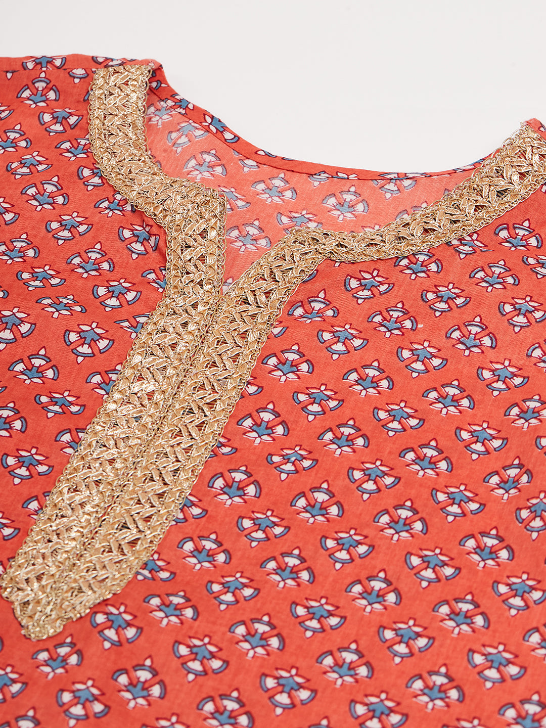 InWeave Women's Coral Blue Boota Print Gota Straight Kurta