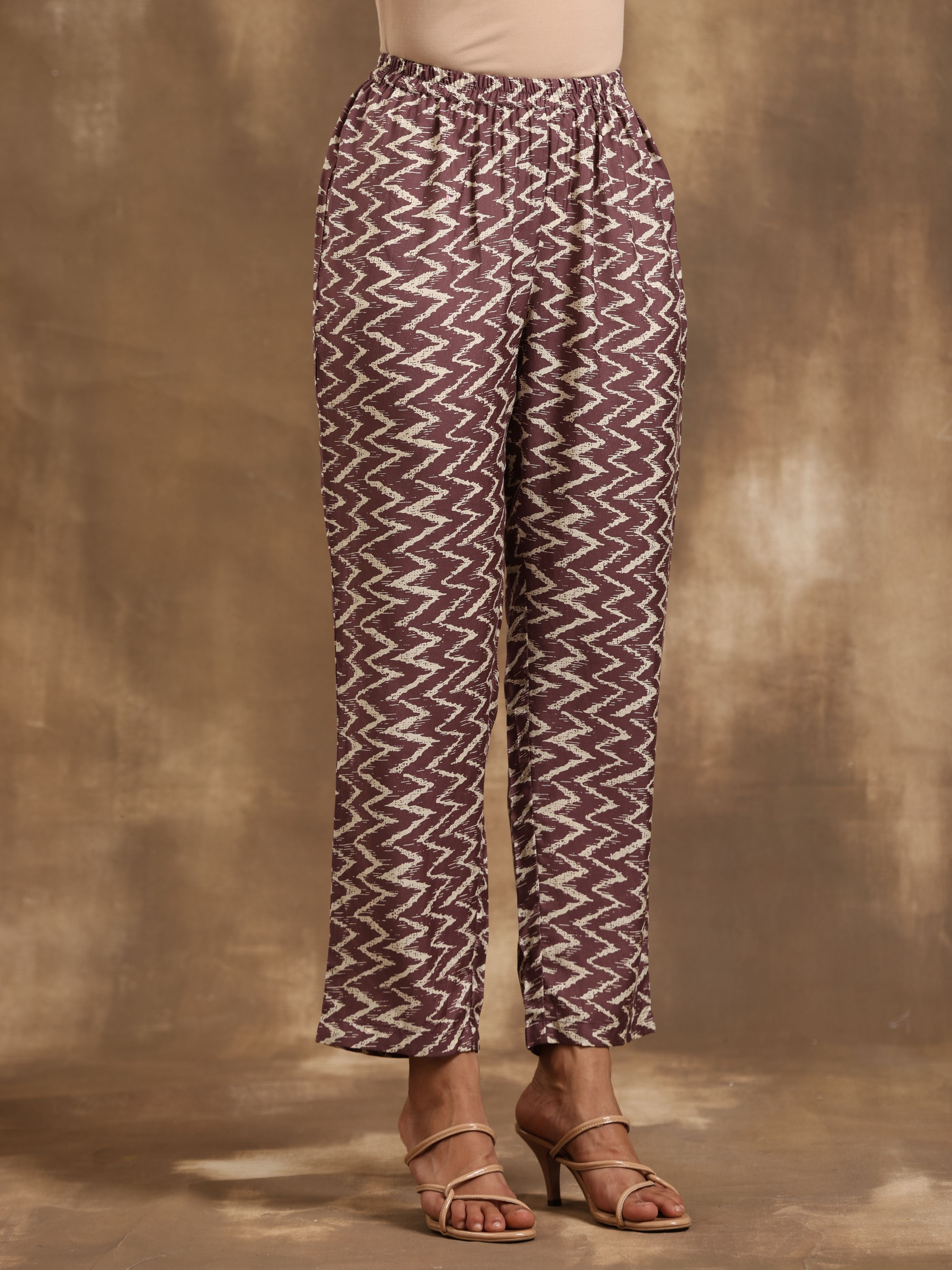 trueBrowns Dark Mauve Zig Zag Printed Silk Kaftan Co-Ord Set