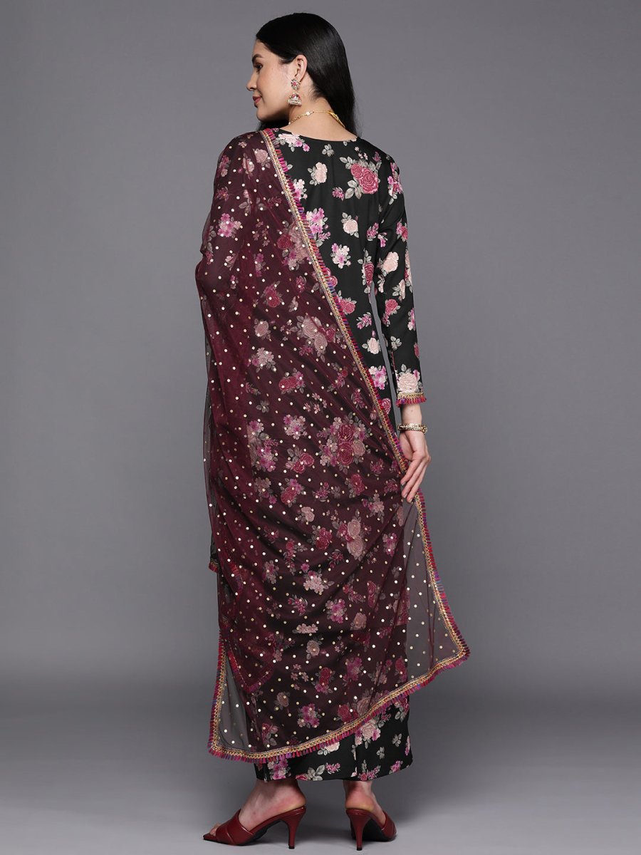Ahalyaa Women Black Floral Printed Gotta Patti Kurta with Palazzos & With Dupatta