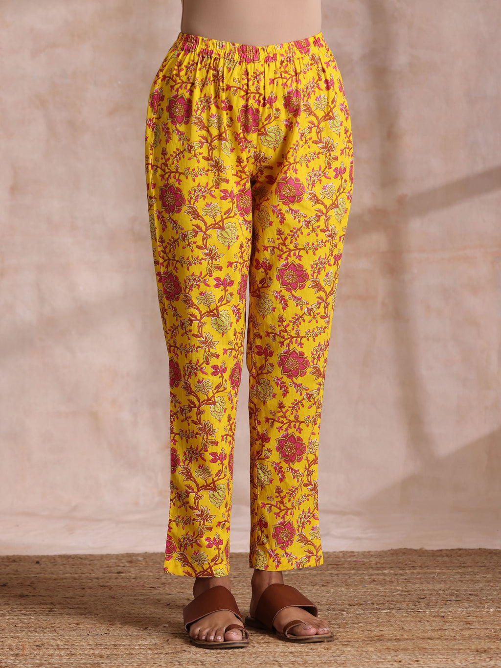 trueBrowns Sunshine Yellow Overall Floral Block Print Cotton Kurta Pant Dupatta Set