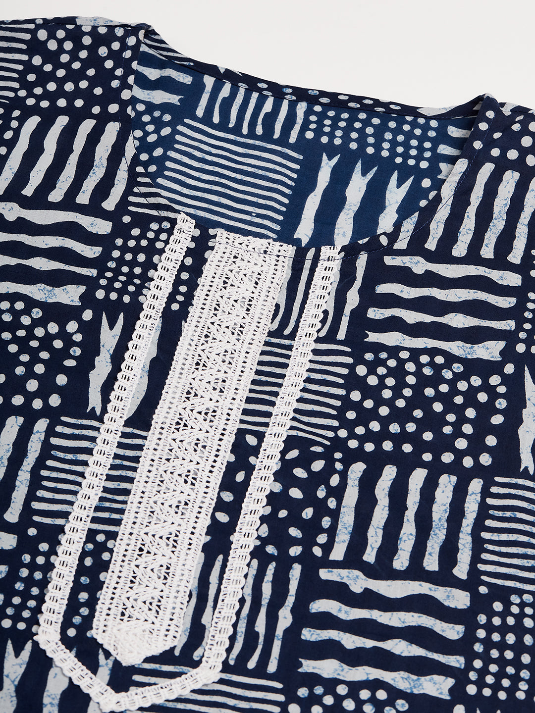 InWeave Women's Ankola Indigo With Tiles Hand Block Print Lace Straight Kurta