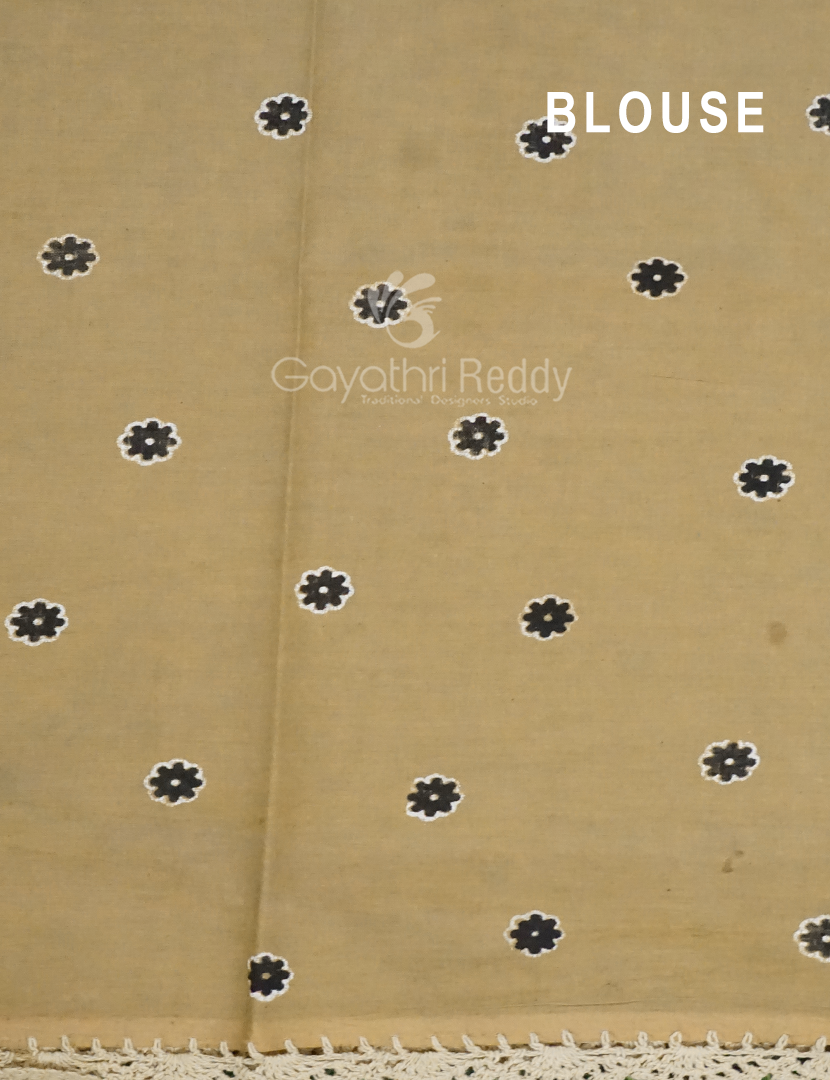 Black And Khaki Combo Colour Pichwai Print Crocia Mulmul Cotton Saree By Gayathri Reddy Designer Studio