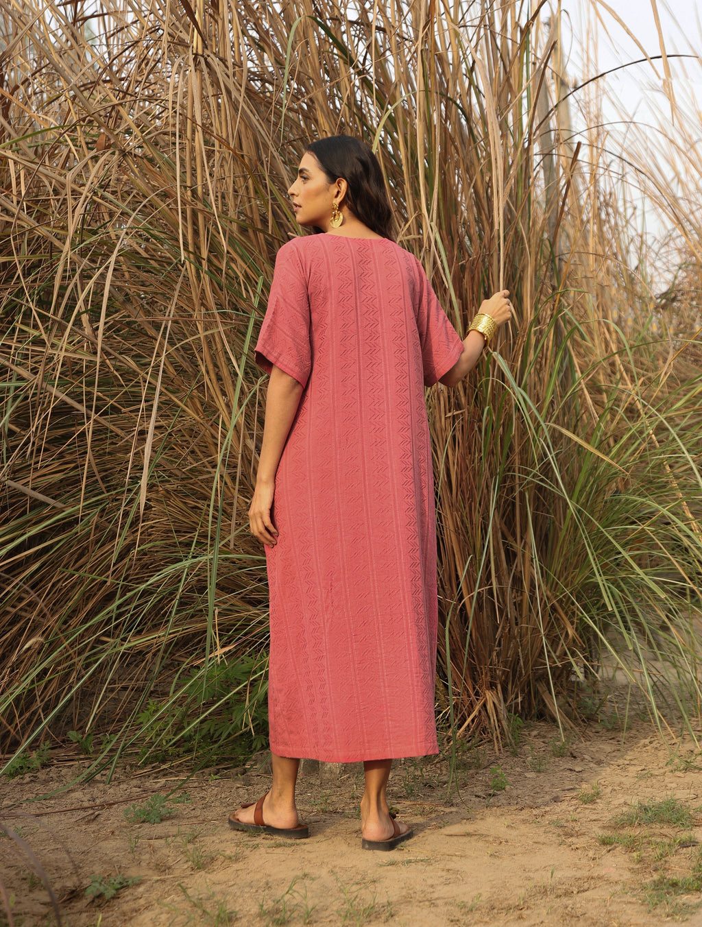 trueBrowns Coral Cotton Dobby Front Slit Dress