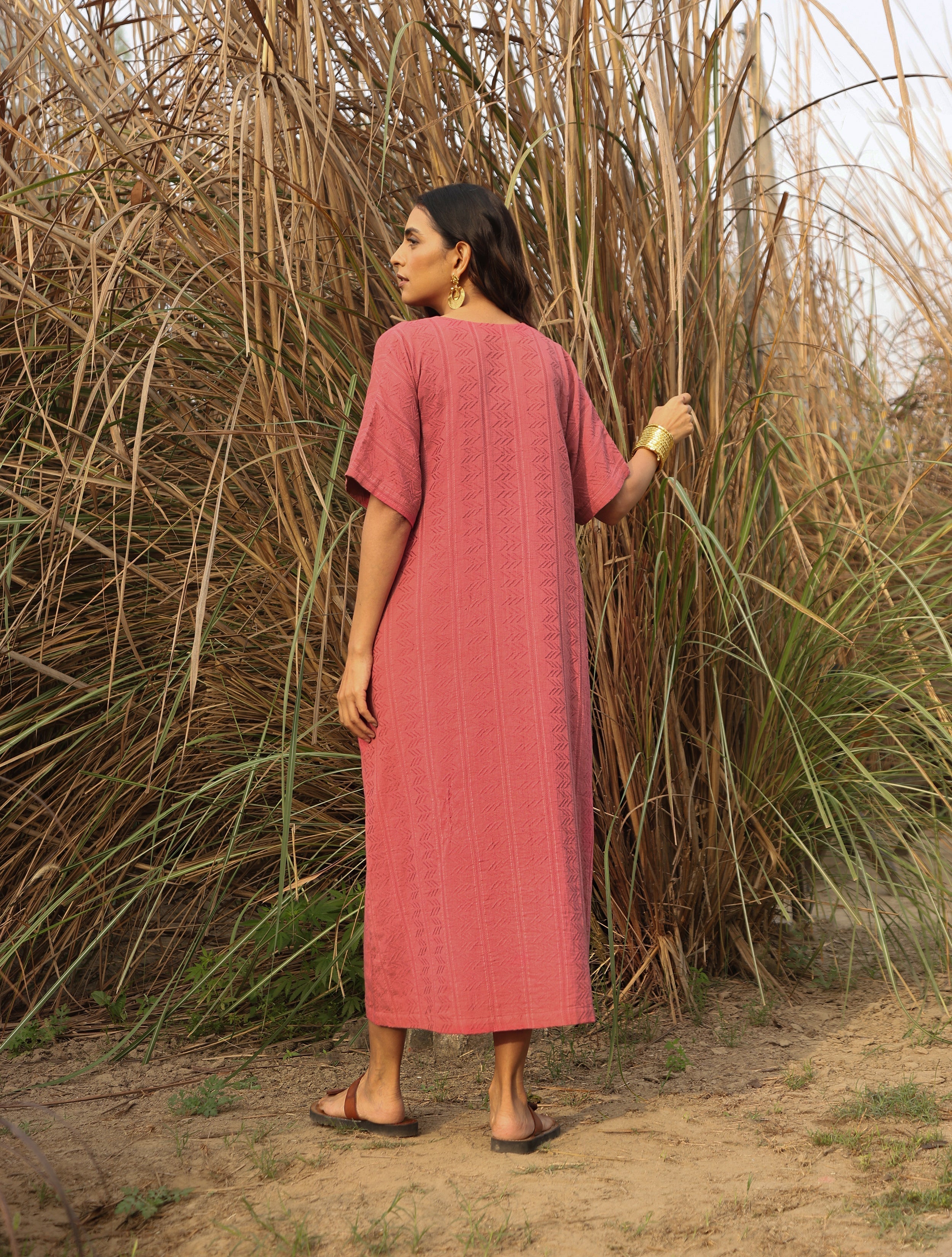 trueBrowns Coral Cotton Dobby Front Slit Dress