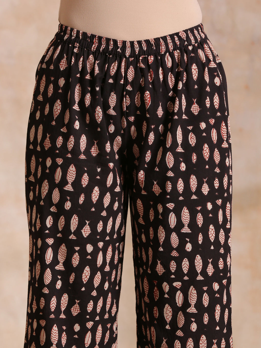 trueBrowns Black Fish Bagru Print Cotton Angrakha Pant Set