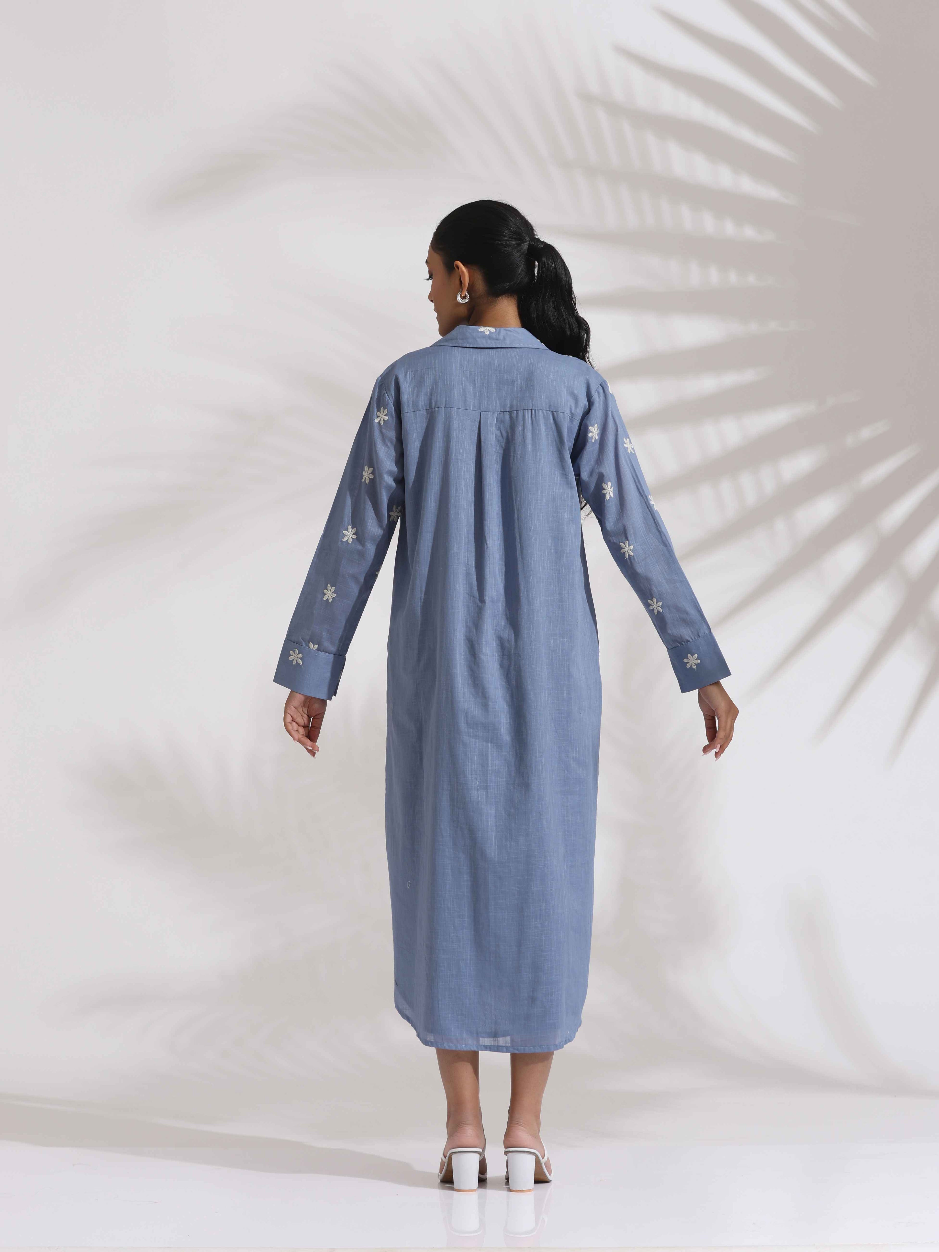 trueBrowns Blue Cotton Floral Embroidered Dress