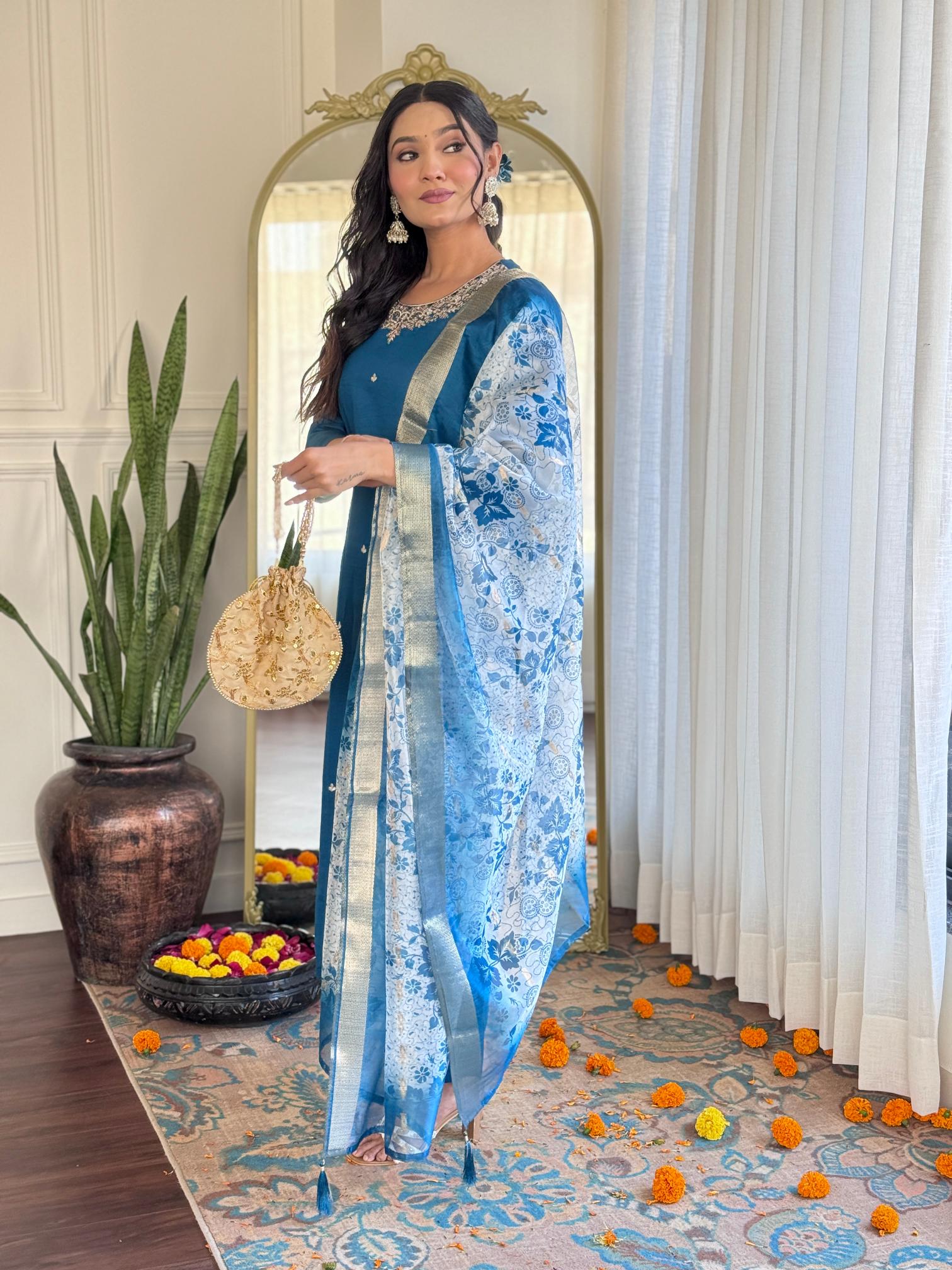 The52 Women's Beautiful Roman Silk Embroidered Straight Kurta with Pant And Dupatta Set