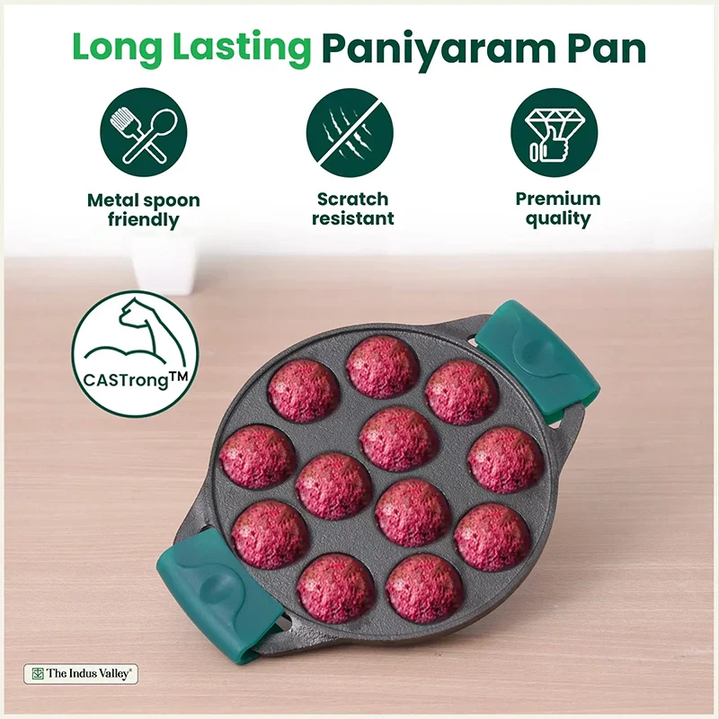 The Indus Valley 12 Pit/Cup CASTrong Cast Iron Paniyaram/Appe Pan, Pre-seasoned, with Double Handle Silicone Grip,Toxin-free, 20.8 cm, 2.2 kg