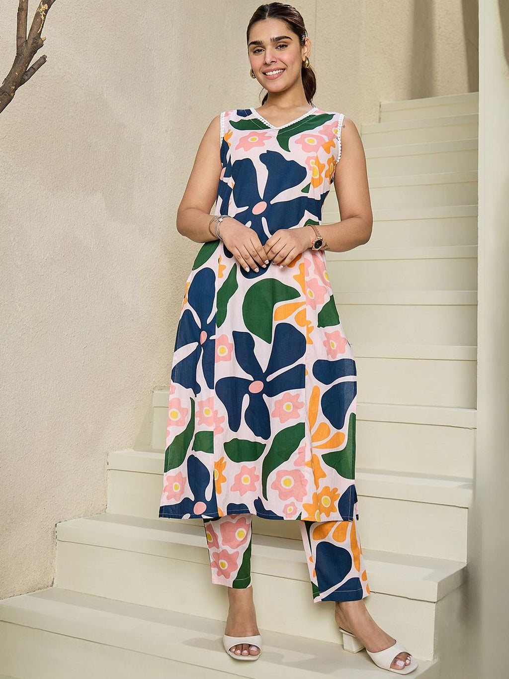 Indo Era Floral Printed V-Neck Sleeveless Pure Cotton A-Line Kurta With Trousers