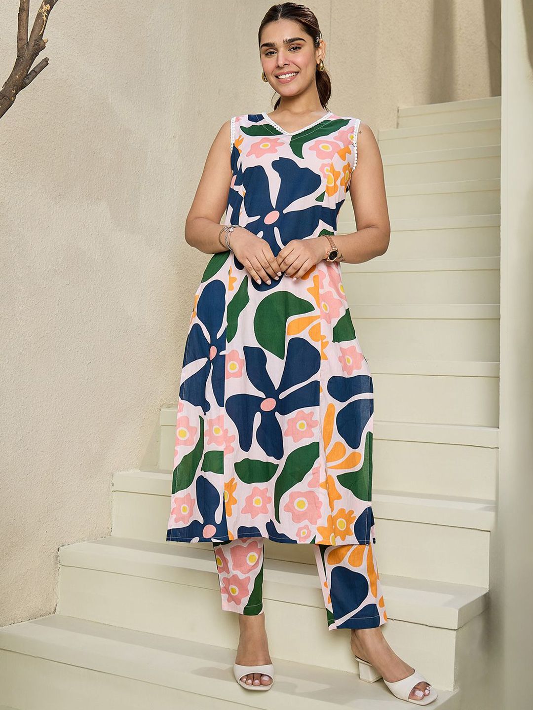 Indo Era Floral Printed V-Neck Sleeveless Pure Cotton A-Line Kurta With Trousers