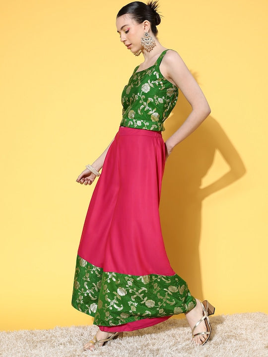 InWeave Women's Green Brocade Strappy Top W Fuchsia Green Brocade Palazzo Set