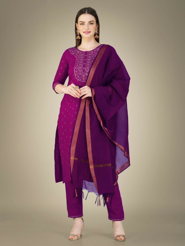 Jyoti Fashion Women's Purple Cotton Magic Slub Embroidery & Sequence work Kurta with Trouser & Dupatta