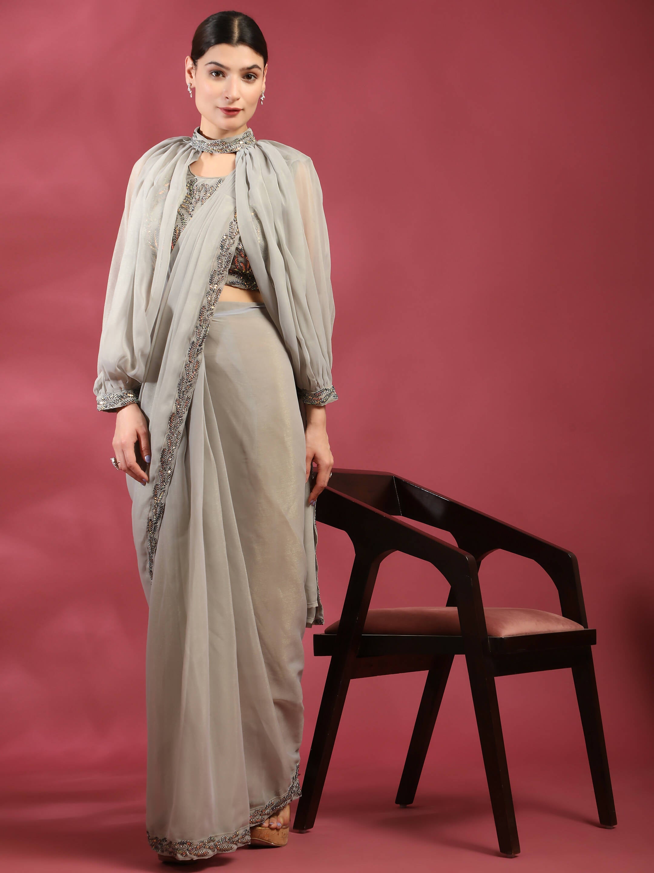 Grey Fancy Pure Fabric Plain Ready to wear Saree with stitched Blouse - Vrinda