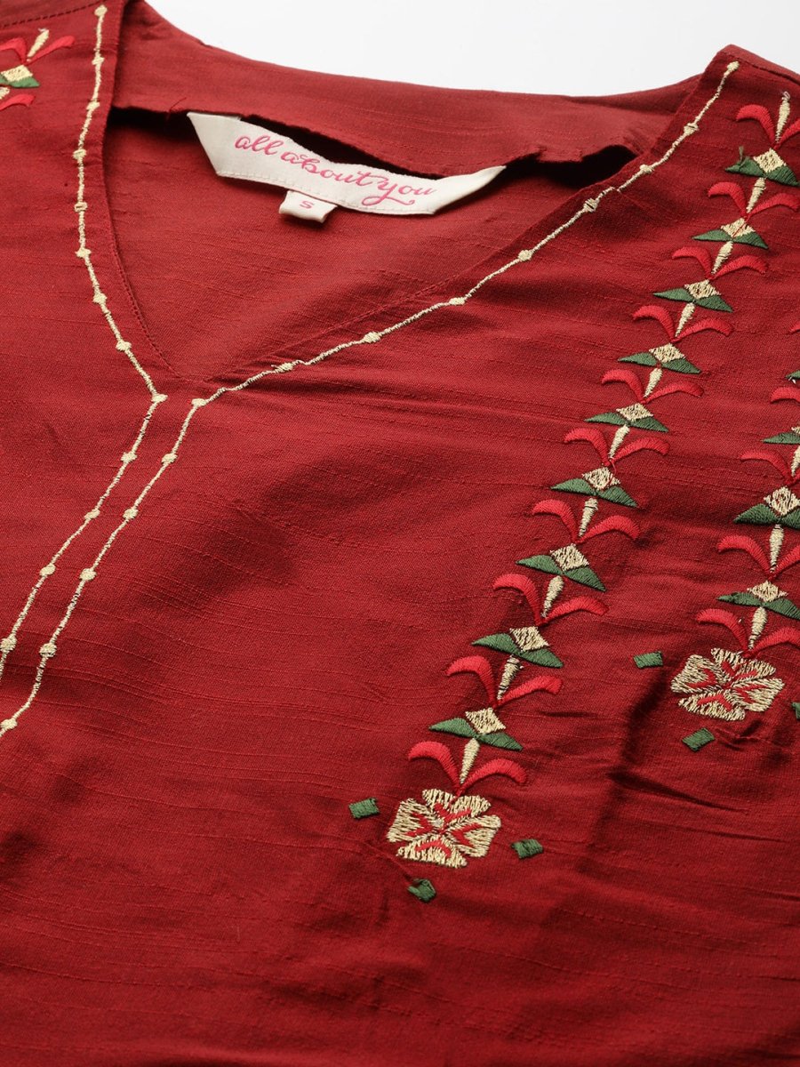 All About You Women Maroon & Golden Embroidered Regular Kurta with Trousers & Dupatta