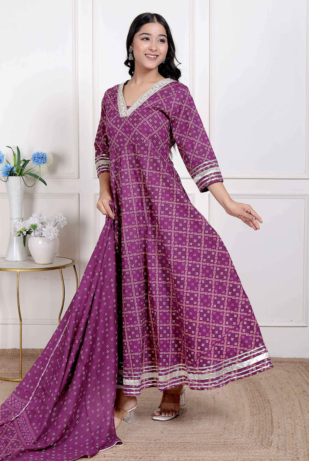 Miravan Women's embroidred Bandhani Ethnic Anarkali Kurta and Dupatta