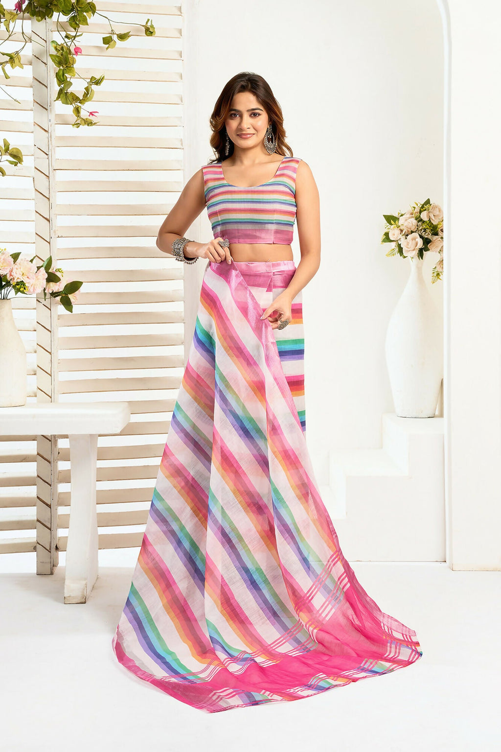 Vastranavya Rainbow Digital Printed Linen Ready To Wear Designer Saree with Unstitched Blouse