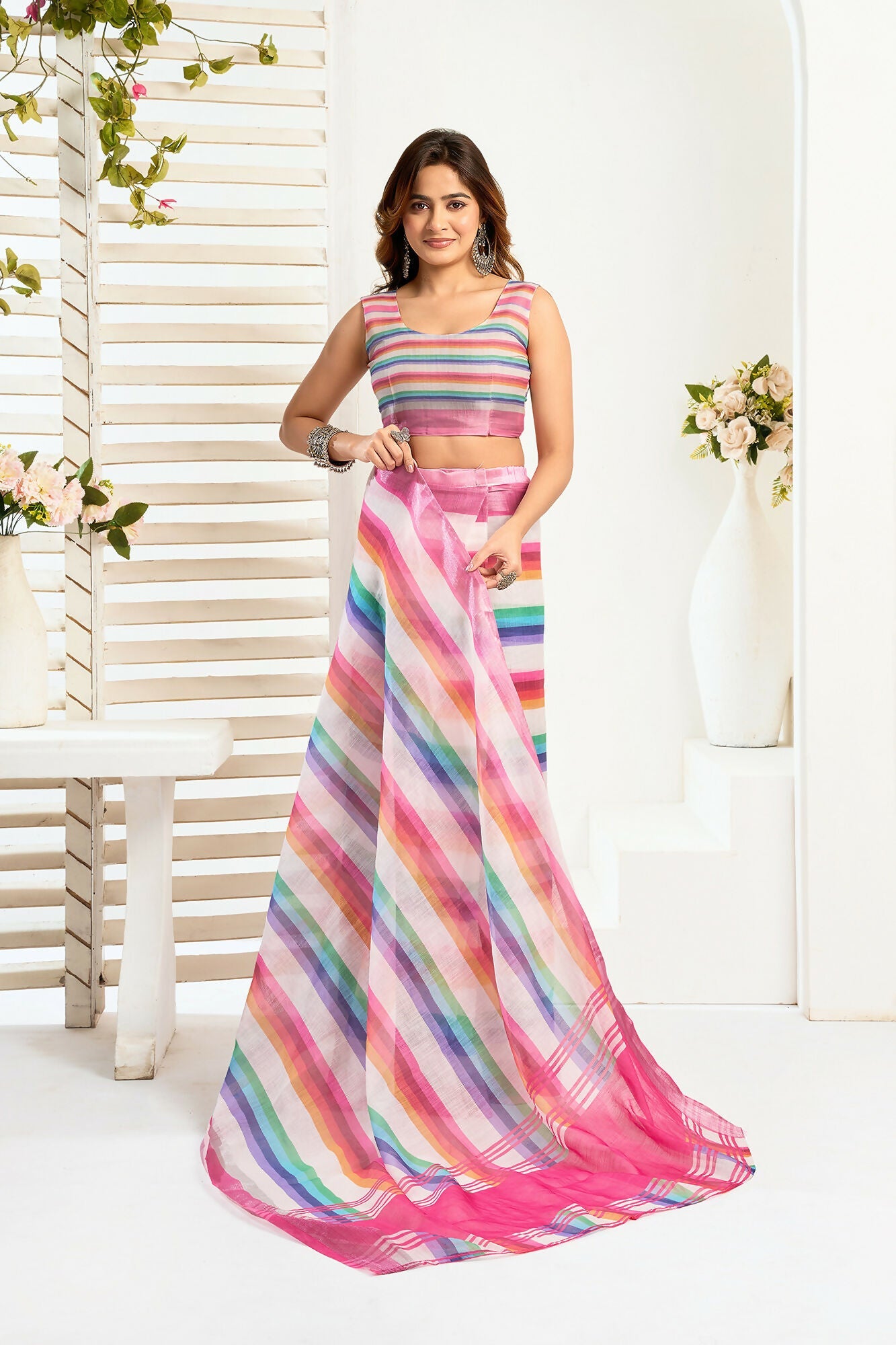 Vastranavya Rainbow Digital Printed Linen Ready To Wear Designer Saree with Unstitched Blouse