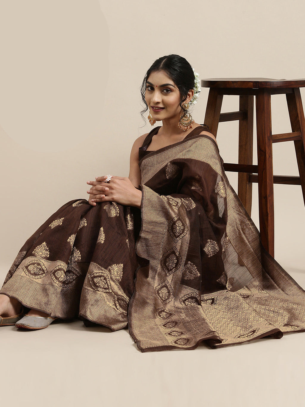 Saree Mall Brown Ethnic Motifs Linen Blend Banarasi Saree