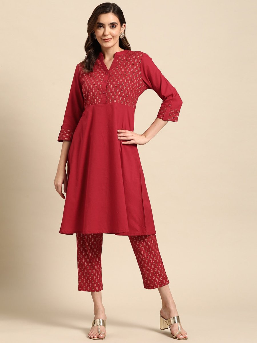 All About You Women Motifs Yoke Design A-Line Kurta with Trousers