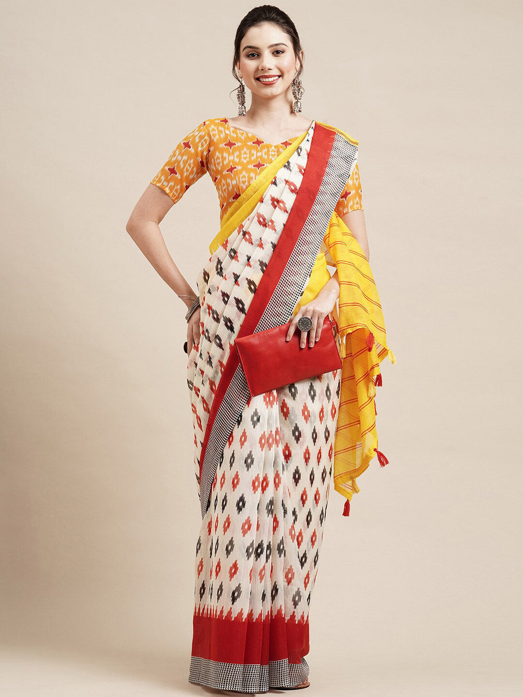 Saree Mall Off White & Red Pure Cotton Saree