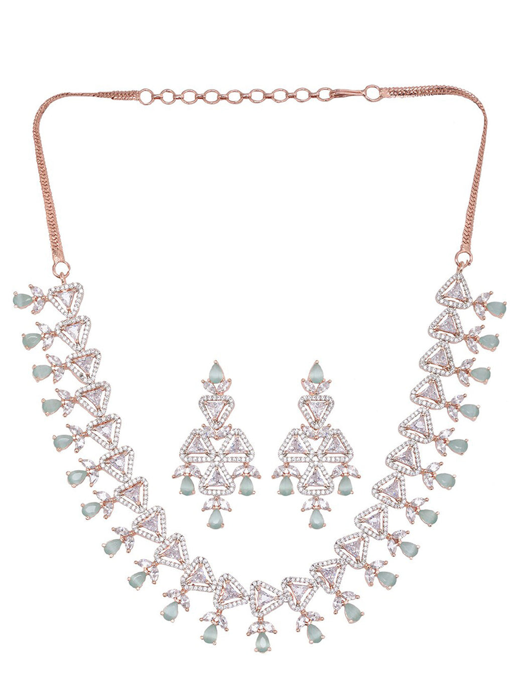 Saraf RS Jewellery Rose Gold-Polished White & Sea Green AD-Studded Handcrafted Jewellery Set