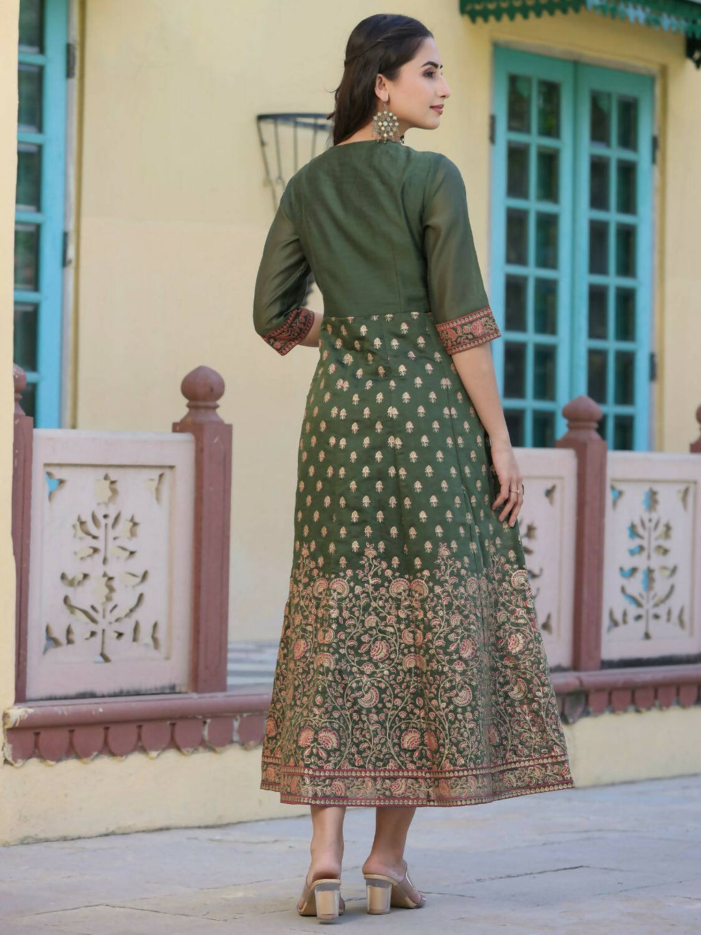 Juniper Women Olive Chanderi Printed Maxi Dress with Embroidered Yoke